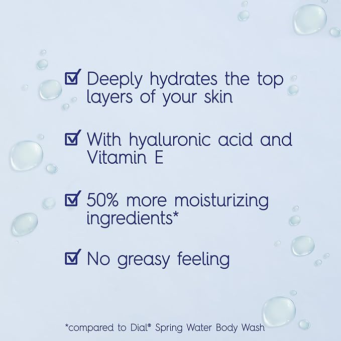 Dial Body Wash, Healthy Hydration, Hyaluronic Acid + Vitamin E, 16 fl oz (Pack of 4), Gentle, Leaves Skin Feeling Soft In 1 Shower, Dermatologist-Tested, No Parabens & Silicones