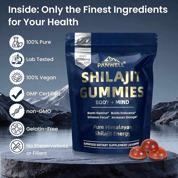 PANWELL Shilajit Gummies with Ashwagandha, Seamoss & Turmeric | Zero Sugar Energy, Cortisol Balance, Sleep, Immune & Overall Health Support – for Men & Women 90 Gummies