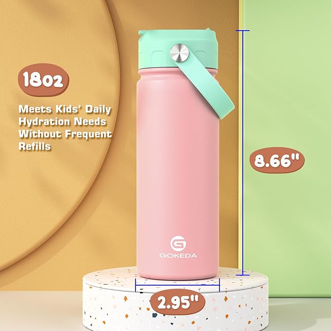 GoKEDA 18oz Kids Water Bottle, 2 Pack Insulated Bottles with Stickers, 18/8 Stainless Steel Vacuum Leak Proof Straw Cup for School, Gifts for Girls(Pink, Purple)