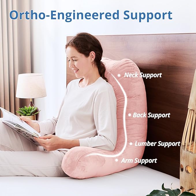 Sasttie 25-inch Reading Pillows for Sitting in Bed Adult, Jumbo Velvet Back Pillow Bed Sitting Up, XL High Back-Rest Support Cushion for Sit Up on Couch & Floor, Oeko-Tex Certified, Peach Pink