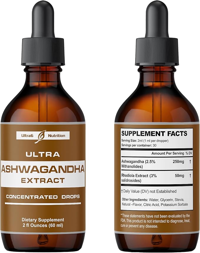 Ultra6 Nutrition Ashwagandha Liquid Drops - Organic Ashwagandha Supplements with Rhodiola Rosea Tincture - Root Extract for Mood and Energy - Supplement for Men & Women