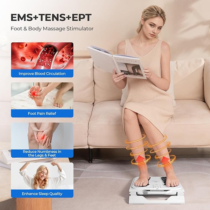 KNQZE EMS Foot Massager for Neuropathy, TENS EMS Foot Nerve Circulation Stimulator for Pain Relief, 10 Modes and 50 Intensities, 4 Body Pads, Relieve Swelling, Cramps, Plantar Fasciitis