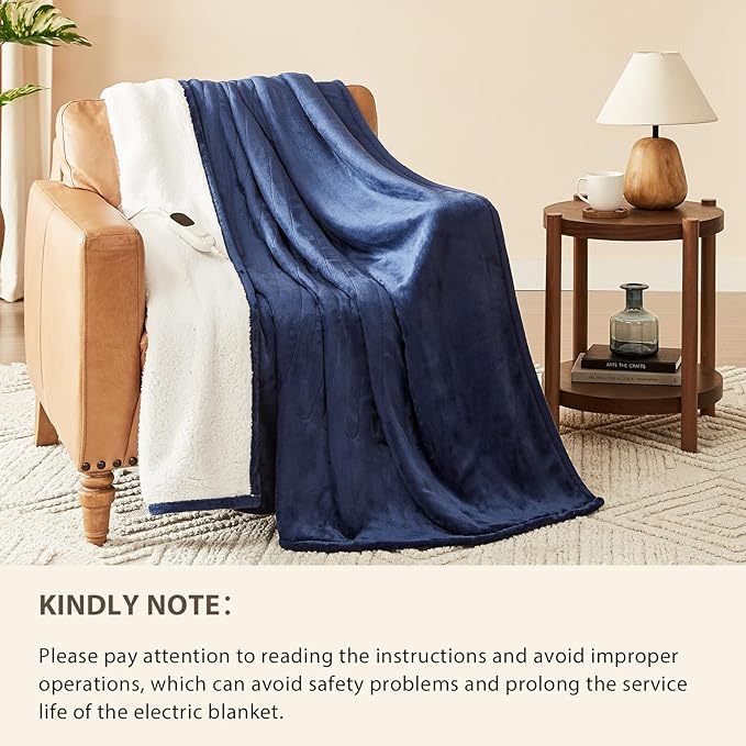 Homemate Electric Heated Blanket Queen Size - 84"x90" Heating Blanket Queen Size Dual Control 1/2/4/6/8 Hours Auto-Off 10 Heat Level Over-Heat Protection Flannel Sherpa ETL Certification
