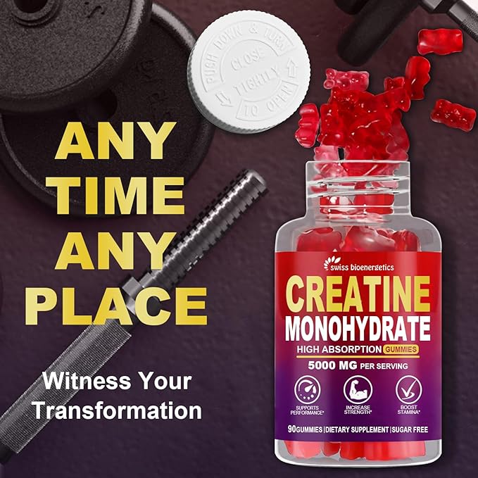 Creatine Monohydrate Gummies Infused with 5g Creatine for Men and Women, Chewable Creatine Monohydrate for Muscle Strength, Muscle Builder, Energy Boost, Pre-Workout Supplement-Raspberry 90 Count