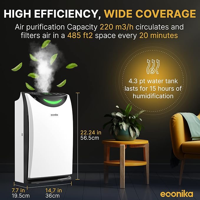 Air Purifier and Humidifier Combo – HEPA Air Purifier with UV Light, Quiet for Bedroom and Living Room – Whole House Large Room Cleaner
