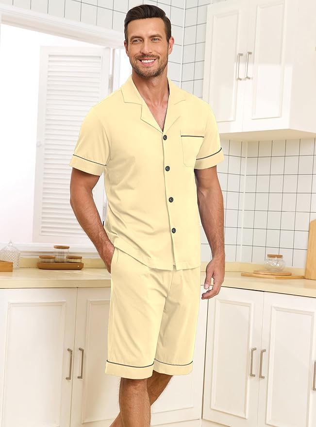 COLORFULLEAF Men's 100% Cotton Short Sleeve Pajama Sets Button Down Notched Collar Sleepwear Soft Lounge Pjs with Pockets