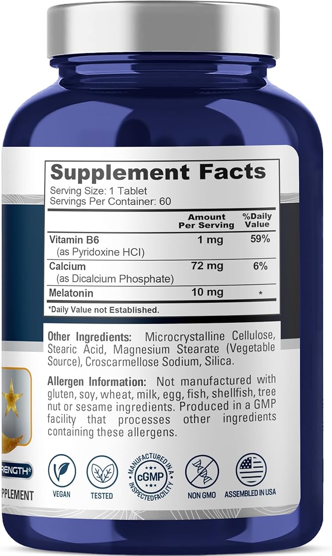 NusaPure Melatonin + Vitamin B6 10 mg Per 60 Tablets Vegetarians Vegans Non-GMO Dietary Supplement