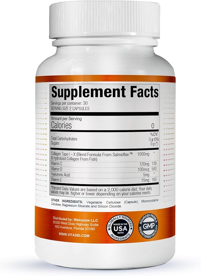 VITASEI Salmoflex Marine Collagen Peptides Pills W/Hyaluronic Acid, Vitamin C, D, E | Salmon Supplements - Hair, Skin, Nails | Multivitamin for Women & Men | Knee, Joint Relief - 60 Capsules