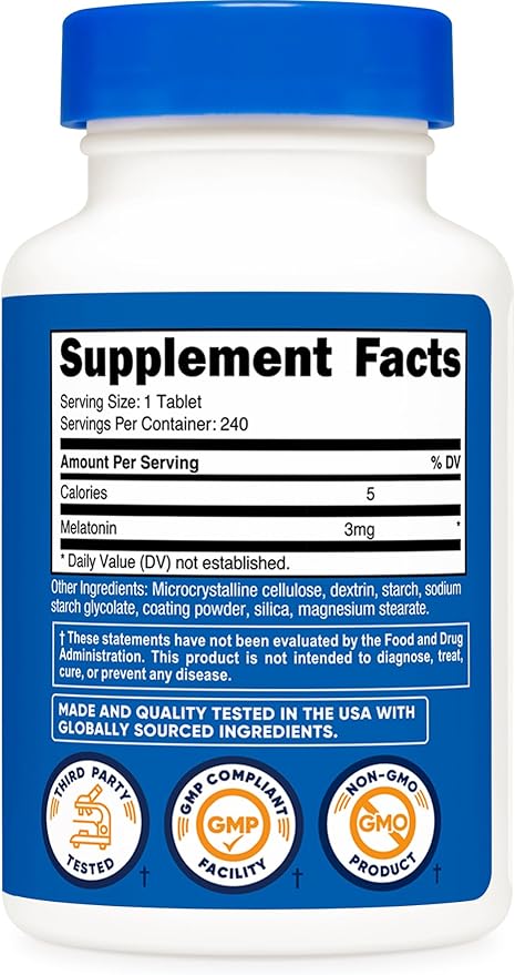 Nutricost Melatonin 3mg, 240 Tablets - 3mg Per Serving, Non-GMO, Gluten Free
