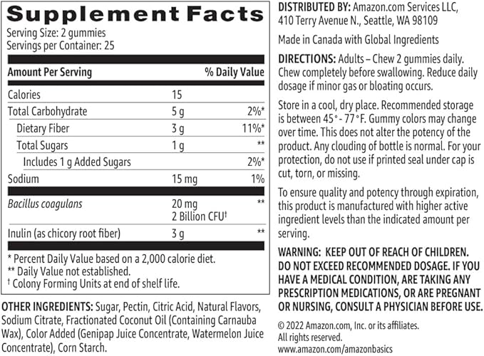 Amazon Basics Prebiotic & Probiotic Gummies, 2 Billion CFU, Blue Raspberry, 50 Count (2 per Serving) (Previously Solimo)
