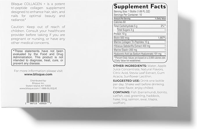 Blisque - Liquid Collagen Tri-Peptide Complex | with Biotin and Hyaluronic Acid | for Hair, Skin, and Nails | 30 Bottles | 30-Day Supply