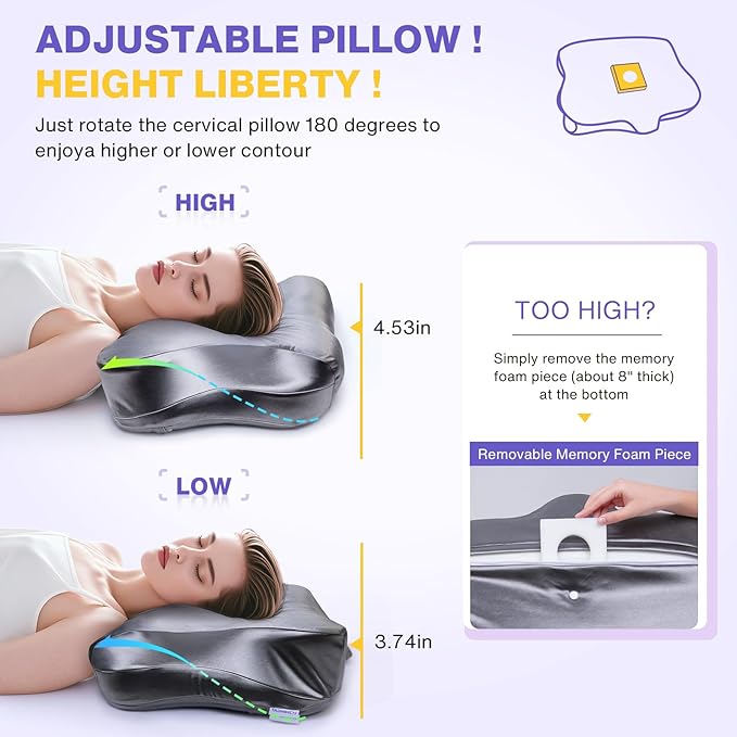Pain Relief Cooling Pillow for Neck Support Adjustable Cervical Pillow Side Sleeping Memory Foam with Super Soft and Cooling Satin Pillowcase Grey