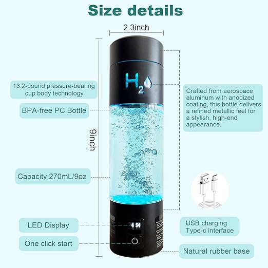 Hydrogen Water Bottle Generator with Premium Alloy, 6000PPB SPE PEM Tech Portable Hydrogen Rich Water Ionizer 9 OZ, LED Timer, Rechargeable, Health Gift for Home, Office, Travel
