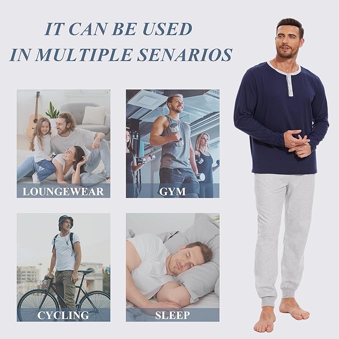 Men's Pajama Set with Henley Neckline 100% Cotton Soft and Comfortable Nightwear 2-Piece Lounge Set