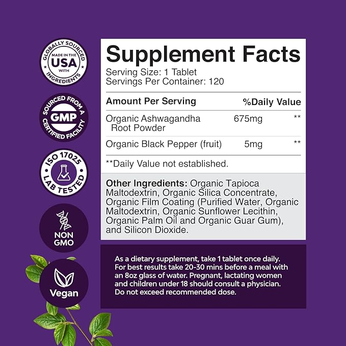 High Strength Organic Ashwagandha Supplements - Ashwagandha Organic Tablets for Mood Support & Hormone Balance for Women & Men - Root Extract Powder with Black Pepper for Better Absorption - 120 Ct