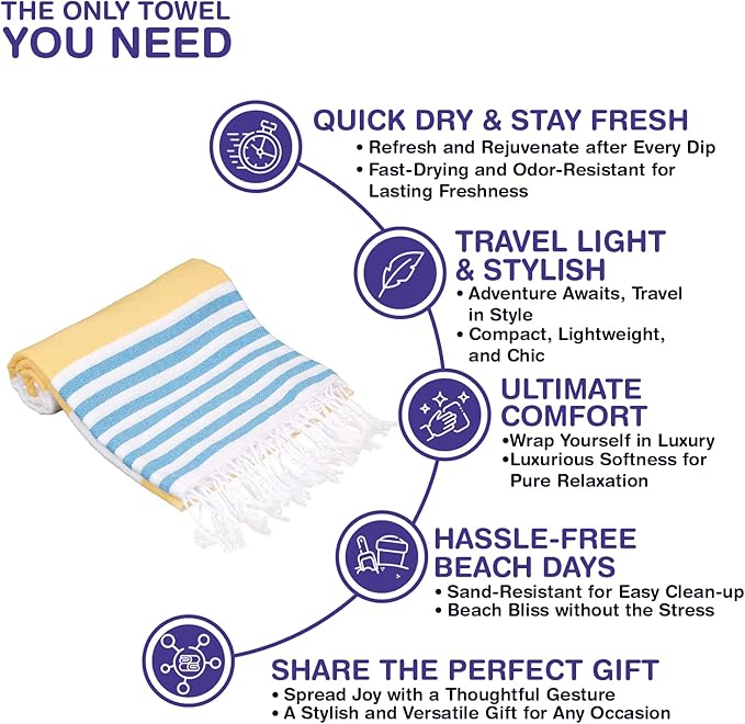 Oversized Turkish Beach Towel 38’’x71’’ - Set of 6 | 100% Turkish Cotton Lightweight Sand Free Quick Dry Pool Towels | Extra Large Bath Towels for Adults Beach Blanket Essentials