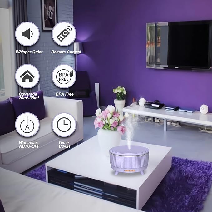 Diffusers for Essential Oils Large Room Humidifier, 500ml Aromatherapy Diffuser Cool Mist Humidifier with Remote Control,7 Colors Lights & 3 Mist Mode Waterless Auto Off for Women Office Light Purple