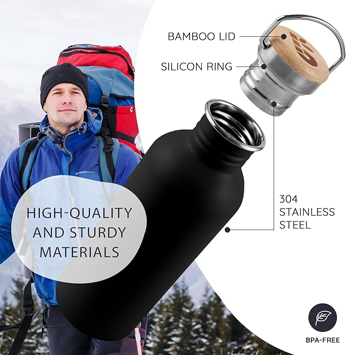 Bambaw Metal Water Bottle 24 oz, Non-insulated Black Water Bottle Metal, Single Walled Stainless Steel Water Bottle, Reusable Water Bottle, Portable & BPA Free Water Bottle – Jet Black