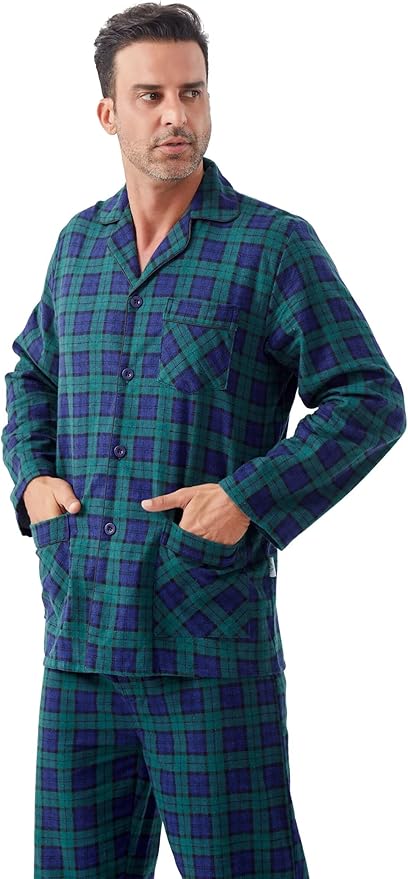 GLOBAL Men's Pajamas Sets 100% Cotton Flannel Sleepwear Long-Sleeve top & Bottom
