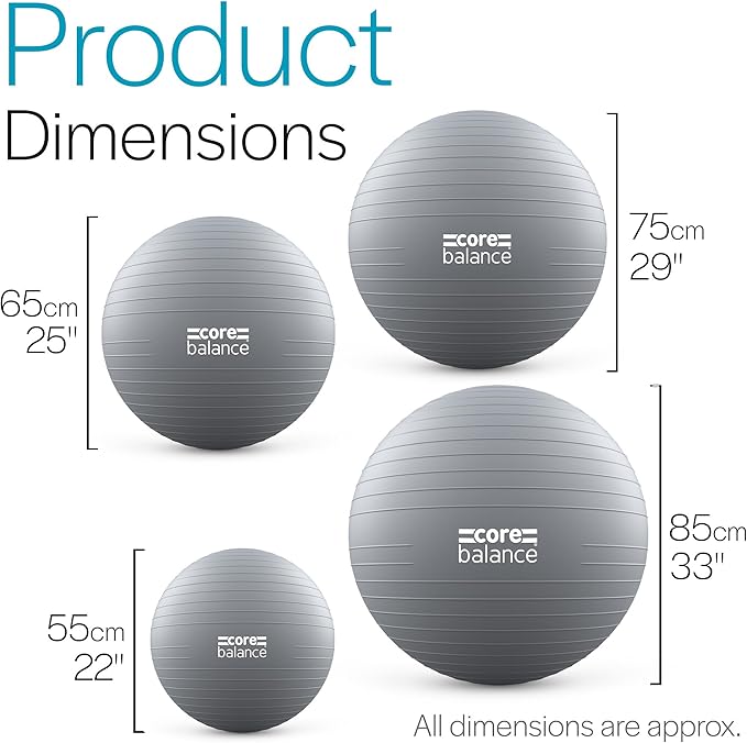 Core Balance Exercise Ball for Workouts, Anti-Burst and Slip Resistant, Swiss Yoga Ball for Pregnancy, Stability, Fitness and Physical Therapy, 4 Sizes, with Pump