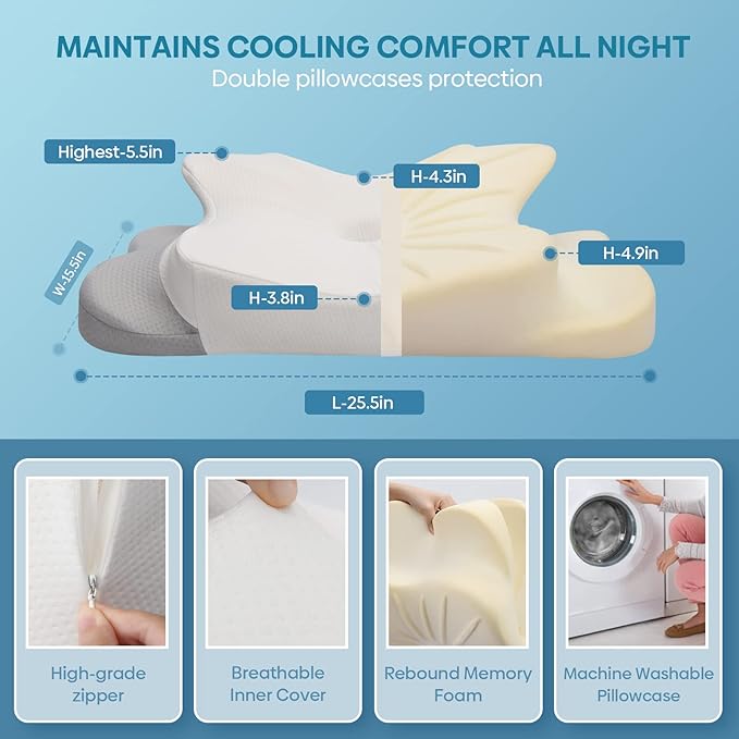 Cervical Pillow for Neck & Shoulder Pain Relief Sleeping - Ergonomic Contour Pillows - Memory Foam Pillow for Side, Back & Stomach Sleepers