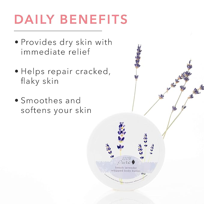 100% PURE French Lavender Whipped Body Butter, Body Lotion for Dry Skin, Made with Shea Butter, Cocoa Butter, Moisturizing Body Cream, Natural Lotion - 3.4 oz