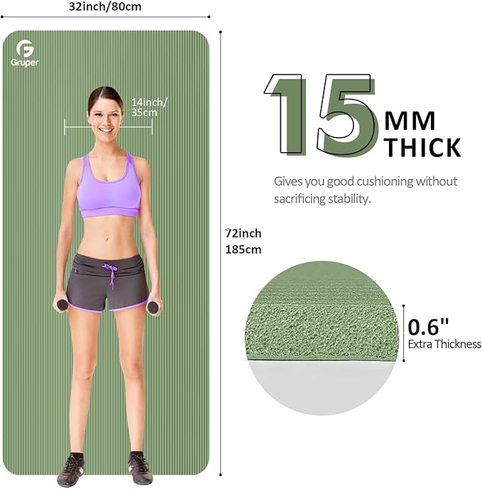 Yoga Mat Non Slip NBR Thick Yoga Mat, 72"L x 32"/24"W x 0.6"/0.4"TH (185cm x 80cm/61cm x 15mm/10mm), Anti-Tear Exercise Mat with Carrying Strap and Bag, Workout Mats for Yoga, Pilates, Floor Exercises