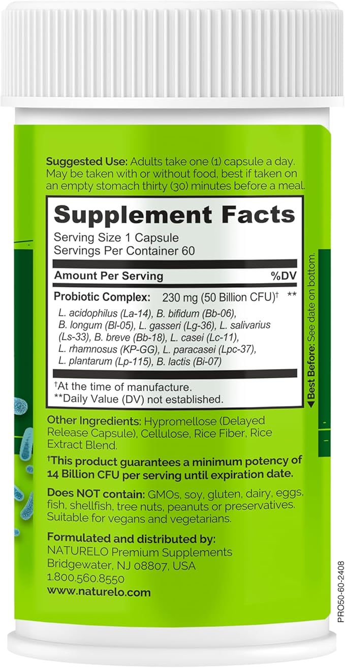NATURELO Probiotics for Digestive Health - 50 Billion CFU, 11 Strains Daily Supplement - Boosts Immune System, Delayed Release, 60 Vegetarian Capsules