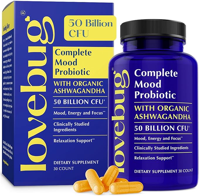 LoveBug Complete Mood Probiotics for Women - 50 Billion CFU, 10 Clinically Studied Strains, Lactobacillus Bifidobacterium Probiotic with Ashwagandha Digestive Health, Mood Support Supplement, 30 Count