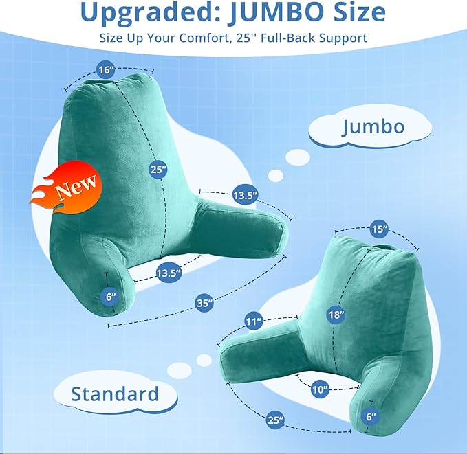 Sasttie 25-inch Reading Pillows for Sitting in Bed Adult, Jumbo Velvet Back Pillow Bed Sitting Up, XL High Back-Rest Support Cushion for Sit Up on Couch & Floor, Oeko-Tex Certified, Teal Cyan