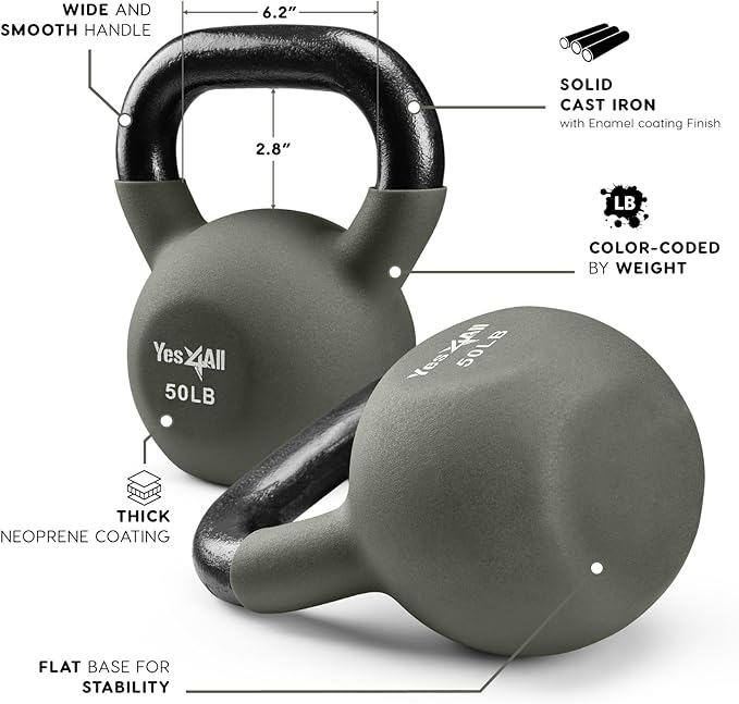Yes4All Kettlebell, 5-65 LB Neoprene Coated Cast Iron Kettlebells, Wide Grip Handle & Flat Bottom for Swings, Squats, Deadlifts, Push Ups & Full Body Training at Home Gym - Single & Set