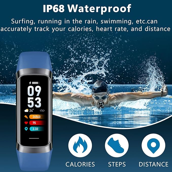 Fitness Tracker Activity Tracker 1.10''AMOLED Touch Color Screen,Smart Watch with 24/7 Blood Oxygen Heart Rate,Sleep Monitor,IP68 Waterproof,Step Counter Health for Women Men (Blue)