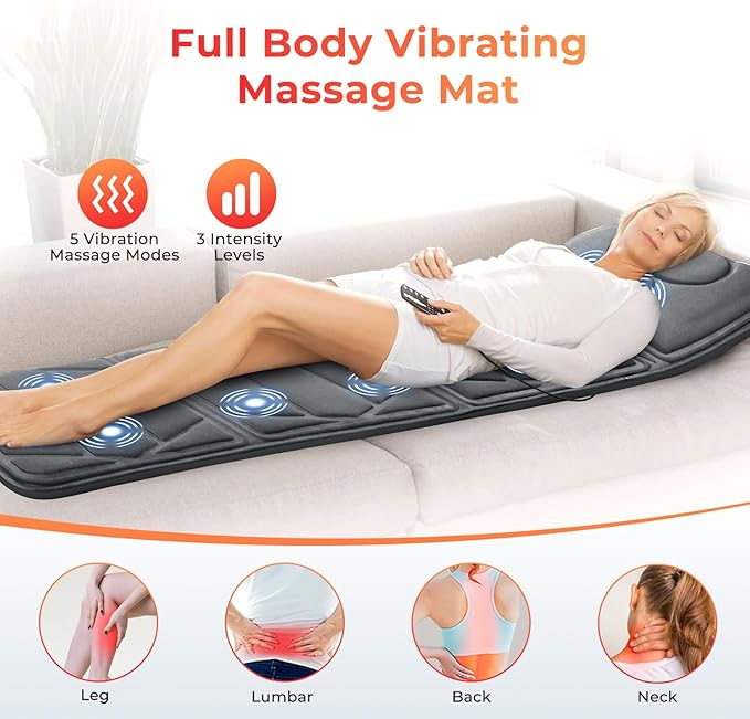 Massager Pad, Massage Mat with 10 Vibrating Motors for Pain Relief, Back Massager with Heat, Full Body Massage for Back, Lumbar,Leg, Gifts for Men Women, Long 67"