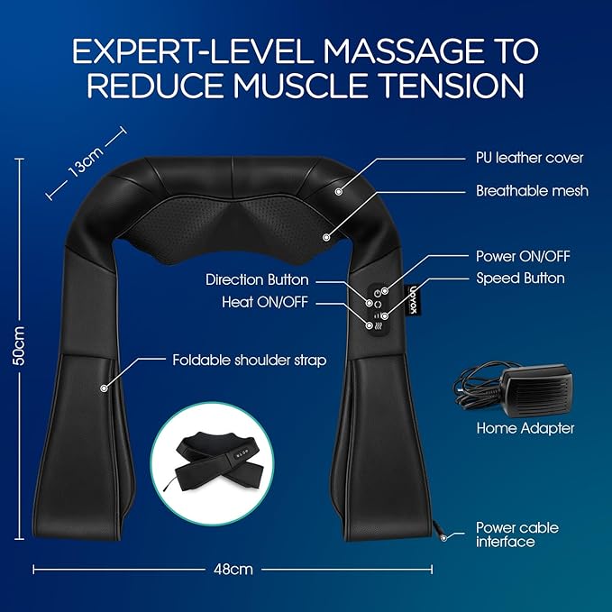 VOYOR-HEALTH Shiatsu Neck and Back Massager with Heat, Electric Deep Tissue 4D Kneading Massage for Shoulder, Back, Neck and Full Body Muscle Pain Relief, Home, Car, Office Use (Blue Grey)
