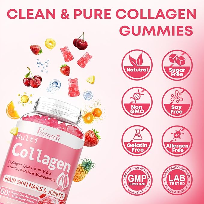 Sugar Free Collagen Gummies for Women & Men | Hydrolyzed Collagen Peptides for Hair, Skin & Nails | Multi Collagen Protein Type I, II, III, V, X with Biotin & Vitamin C | Strawberry Flavor, 60 Count