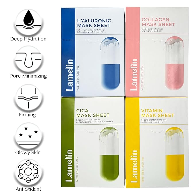 Lamelin Collagen Niacinamide Sheet Mask, 10 Pack, Sea Water Anti Aging Skin Elasticity Hydrating Made In Korea