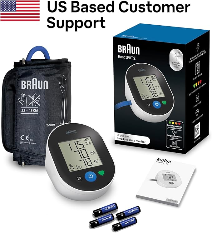 Braun ExactFit™ 2 Blood Pressure Monitor for Home Use - Accurate Blood Pressure Machine, Color-Coded Results, Large Display BP Monitor, Universal Upper Arm Cuff, 30 Memory Slots, FSA and HSA Eligible