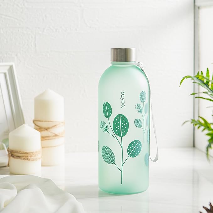 bzyoo 32oz 1 Liter Clear Water Bottle with Time Marker, Leaf Design, Durable Plastic, BPA-Free, Reusable with Measurement Markings for Fitness and Outdoor Activities (Color: Green)