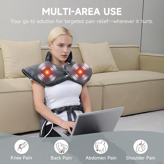Heating pad for Neck - Wearable Electric Heating Pads for Back, Shoulder and Waist, Large Heat Pad with 4 Massage Modes & 2 Heat Levels for Women, Men, Mom, 24"x35", 2 Motor, Gray