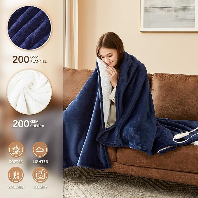 Homemate Electric Heated Blanket King Size - 100"x90" Heating Blanket King Size Dual Control 1/2/4/6/8 Hours Auto-Off 10 Heat Level Over-Heat Protection Flannel Sherpa ETL Certification