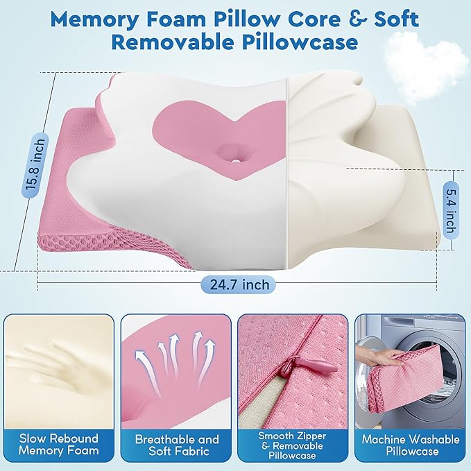 Cervical Neck Pillow, Memory Foam Neck Support Pillows for Sleeping, Shoulder Pillow for Side Sleepers, Back Stomach Sleepers, CertiPUR-US Certified, Queen Size, Pink