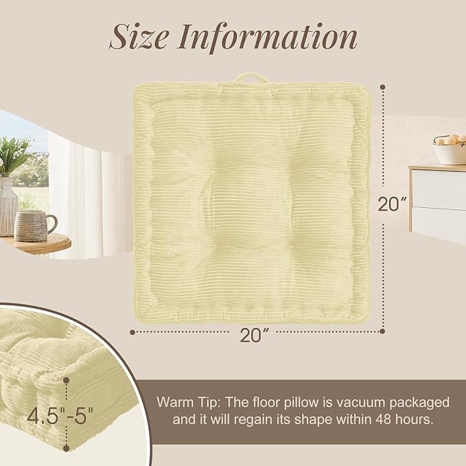 Square Floor Pillows for Adults Kids - Meditation Floor Pillow Seating Cushion - Tufted Floor Cushion with Shredded Foam & Velvet Cover, 1 Pack, 20x20 Inch, Beige