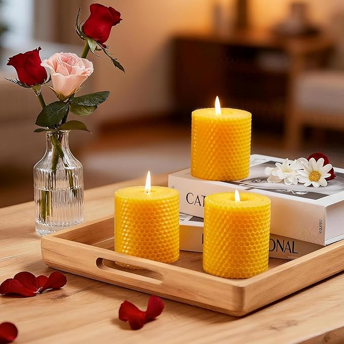 Beeswax Pillar Candles, 3x3 Inch -Set of 3 Hand-Rolled Honeycomb Candle - Long Burning 50+ Hours, Dripless Smokeless Unscented Handmade Beeswax for Home Decor, Prayer, Wedding,SPA