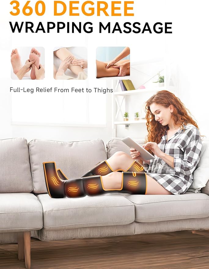 Leg Massager with Heat and Compression, Foot Calf & Thigh Massage for Circulation and Pain Relief, Leg Compression Massager with Handheld Controller 3 Intensities 6 Modes