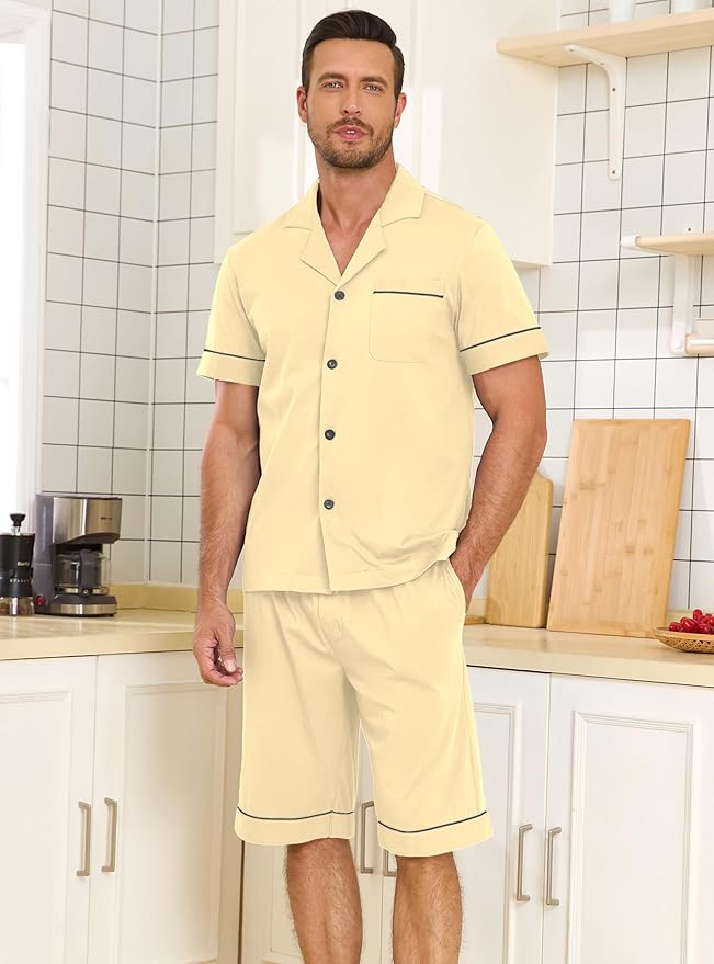 COLORFULLEAF Men's 100% Cotton Short Sleeve Pajama Sets Button Down Notched Collar Sleepwear Soft Lounge Pjs with Pockets