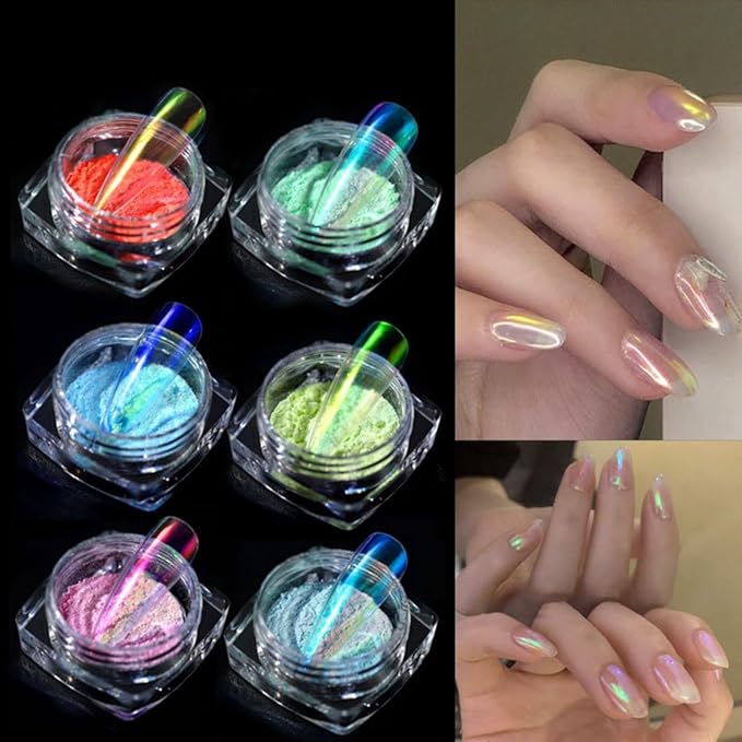 Chrome Nail Powder, 6 Colors Aurora Chrome Powder for Nails Pigment Iridescent Nail Powder Clear Nail Charms for Gel Polish Nail Art Decoration, Resin Craft, Nail Design, Nail Art Tools