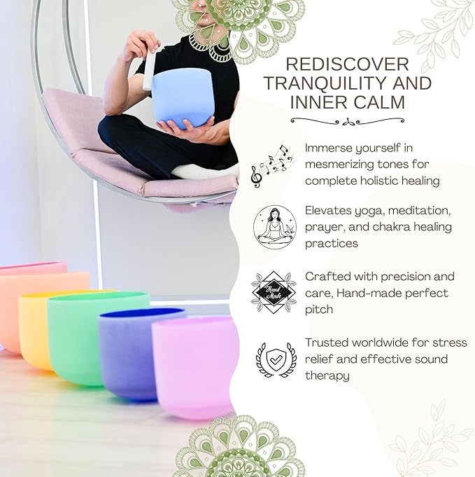 6-12inch Color 432hz Quartz Crystal Singing Bowls Set of 7, for Healing Mindfulness Meditation Yoga Sound Baths with Case Mallet Suede Striker