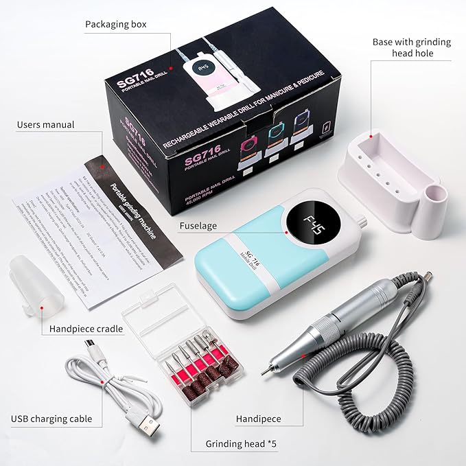 LIMEGIRL Professional Electric Nail Drill Kit 45000RPM Portable Cordless Toenail Cordless Toenail Machine with 14 Drill Bits and Base for Women (Blue)