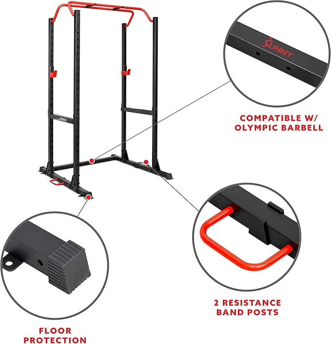 Sunny Health & Fitness Power Cage and Squat Rack In High Weight Capacity with J-Hooks, Adjustable Pull Up Bar, Weight Plate Holders, Resistance Band Posts
