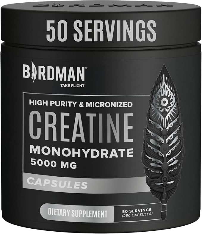 BIRDMAN Micronized Creatine Monohydrate Capsules for Muscle Growth & Recovery, Pre & Post Workout, Vegan Creatine, Caffeine Free, Gluten Free, Sugar Free | 50 Servings | 250 Capsules